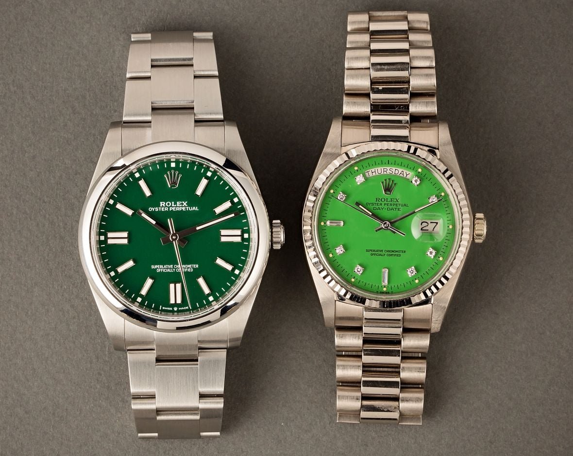 Rolex Oyster Perpetual & Vintage Stella Dial Rolex Stella Dial vs Oyster Perpetual Green dials diamond white gold